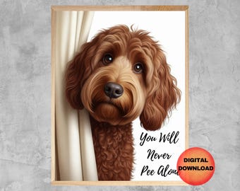 Hundtryck med klotter och labradoodle, badrumsaffisch med labradoodle, rolig väggkonst för toalett med Goldendoodle, konst för hundälskare, present till hundmamma, NEDLADDNING
