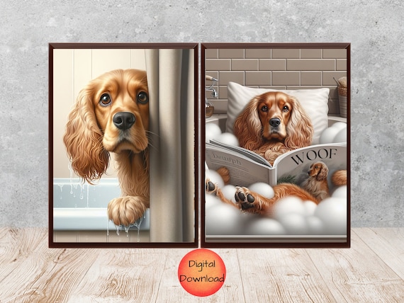 Cocker Spaniel Bathtub Set of 2, Funny Cocker Spaniel Dog Bathroom Printable, Pet Animal Bath Time Print, Dog Lover Gift for Mom, DOWNLOAD