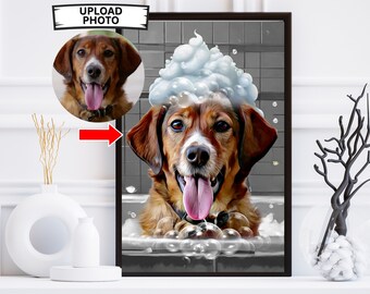 Illustrazione digitale personalizzata di un cane realizzata con una foto, stampa personalizzata per il bagno del cane, disegno digitale di un cane, cane divertente nella vasca da bagno, regalo personalizzato per la mamma di un cane