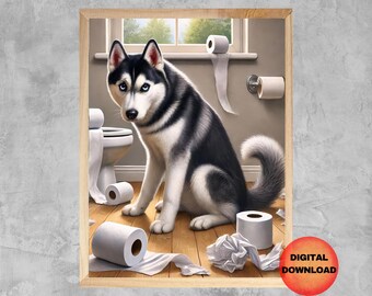 Siberian Husky Dog On Toilet Wall Art, Husky Toilet Paper Print, Funny Kids Bathroom Decor, Pet Animal Poster, Dog Lover Gift, DOWNLOAD