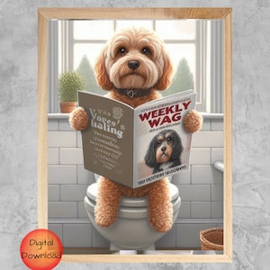 Puede incluir: Un perro marrón y blanco sentado en un inodoro blanco, leyendo una revista llamada "Vapes & Tailing" y una revista llamada "Weekly Wag".