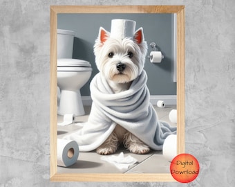 Westie Funny Bathroom Wall Art, West Highland Terrier Toilet Art, Westie Kids Bathroom Print, Whimsical Westie Dog Lover Gift, DOWNLOADABLE