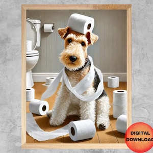 Stampa da bagno con Fox Terrier a pelo ruvido, divertente stampa da parete con carta igienica con Fox Terrier a pelo ruvido, regalo stravagante per gli amanti dei cani, opera d'arte umoristica da bagno, SCARICA