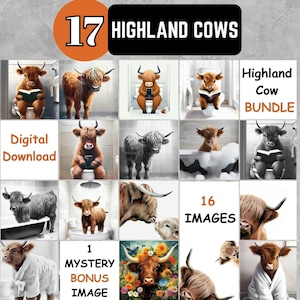 Highland Cow Bundle, Funny Art Prints, Bathroom Cow On Toilet, In Shower, In Bathtub, Floral Watercolor Posters, B&W Prints, Nursery Decor