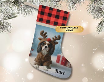 Tricolor Cavalier King Charles Spaniel Christmas Stocking, Custom Cavvie Gift for Dog Mom, Personalized XMAS Holiday Pet Keepsake