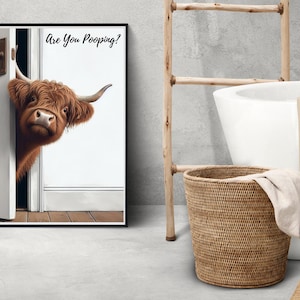 May include: A black framed print with a brown and white Highland cow peeking around a white door. The print has the text "Are You Pooping?" on it.