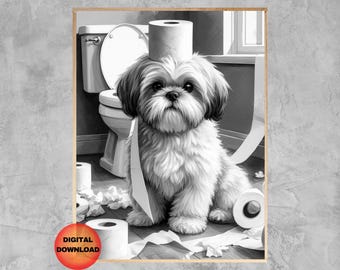 Black and White Shih Tzu Bathroom Wall Art, Funny Shih Tzu Toilet Paper Print, Gift for Shih Tzu Lovers, Bathroom Dog Humor Poster, DOWNLOAD