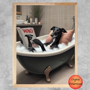 Black Greyhound in Bathtub Wall Art, Funny Dog Bathroom Printable, Greyhound Kids Bath Tub Animal Print, Whimsy Dog Lover Gift, DOWNLOADABLE