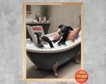 Black Greyhound in Bathtub Wall Art, Funny Dog Bathroom Printable, Greyhound Kids Bath Tub Animal Print, Whimsy Dog Lover Gift, DOWNLOADABLE