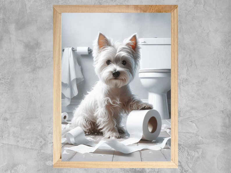 Westie Dog on Toilet Wall Art, West Highland Terrier Bathroom Art Set