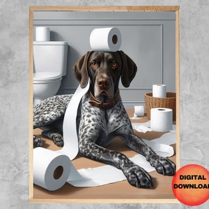 Puede incluir: Un perro Braco Alemán de Pelo Corto marrón y blanco está sentado en un baño con un rollo de papel higiénico en la cabeza. El perro está rodeado de papel higiénico y hay un inodoro en el fondo.