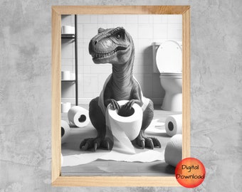 Dinosaur Funny Bathroom Art, Kids T-Rex Toilet Prints, Whimsical Animal Wall Art, Dino Lover Gift, Dinosaur Toilet Poster, Black and White