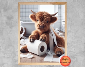 Scottish Highland Cow Bathroom Print, Funny Cow Bathroom Wall Art, Whimsy Gift for Highland Cow Lovers, Bathroom Humor Artwork, DOWNLOADABLE
