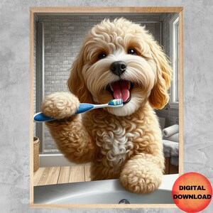 Puede incluir: Un perro marrón claro con pelo rizado se está cepillando los dientes con un cepillo de dientes azul y blanco. El perro está en un baño con un lavabo blanco y una pared de azulejos.