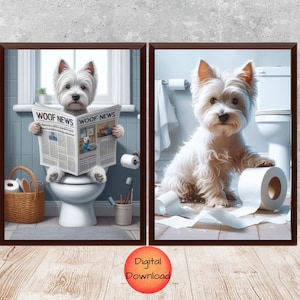 May include: Two illustrations of a white West Highland Terrier dog in a bathroom setting. The first image shows the dog sitting on a toilet reading a newspaper titled "Woof News". The second image shows the dog standing next to a toilet with a roll of toilet paper on the floor.