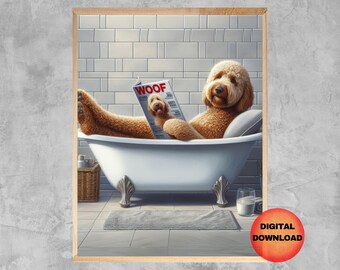 May include: A brown and white dog relaxes in a white bathtub with a magazine titled "WOOF" in its paws. The dog is wearing a white towel and is surrounded by white tiles.