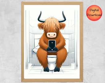 Highland Cow Bathroom Toilet Art, Whimsical Highland Cow On Toilet, Funny Barnyard Prints,  Scottish Cow Lover Gift, Cartoon Style Farm Art