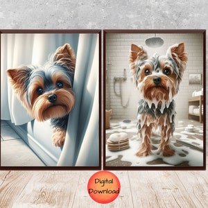 Yorkie Bathtub Wall Art Set of 2, Funny Yorkshire Terrier Bathroom Prints, Whimsy Gift for Dog Mom, Pet Bathroom Humor Poster, DOWNLOAD
