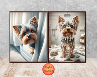 Yorkie Bathtub Wall Art Set of 2, Funny Yorkshire Terrier Bathroom Prints, Whimsy Gift for Dog Mom, Pet Bathroom Humor Poster, DOWNLOAD