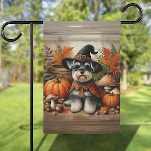 May include: A black and gray miniature schnauzer dog wearing a witch hat and a red and black scarf sits in front of a pumpkin and mushrooms. The dog is surrounded by fall leaves and acorns.