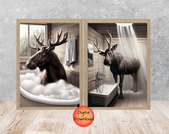 May include: Two framed illustrations of a moose in a bathroom setting. One moose is taking a bath in a white tub with bubbles. The other moose is standing in the shower with water streaming down. Both illustrations are in a sepia tone.
