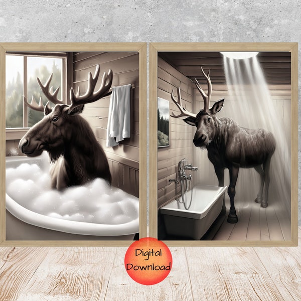 Moose Bathroom Wall Art, Bath and Shower Moose Art, Printable Wildlife Animal Decor, Nature Lover Gift, Vintage Set of 2, INSTANT DOWNLOAD