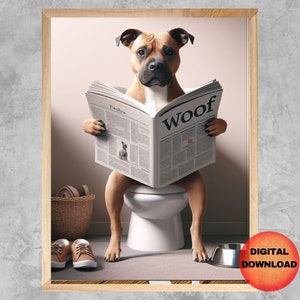 Stafford On Toilet Reading Newspaper, Staffordshire Bull Terrier Bathroom Art, Funny Pet Dog Animal Printable, Dog Lover Gift, DOWNLOADABLE