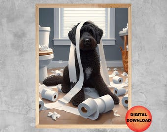 Portuguese Water Dog Bathroom Wall Art, Funny Dog With Toilet Paper Printable, Whimsy Dog Lover Gift, Kids Bathroom Pet Poster, DOWNLOAD