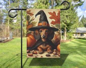 Dachshund Fall Halloween Yard Flag, Custom Autumn Dachshund Garden Flag, Cottage Core Pumpkin Flag, Dog Breed Porch Banner, Dog Patio Decor