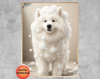 May include: A digital art print of a fluffy white Samoyed dog covered in soap bubbles, standing in a shower. The dog is smiling, and the background is a light beige bathroom setting. The print is framed in a wooden frame.