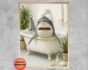 Shark Bathtub Wall Art, Funny Shark Bathroom Print, Kids Ocean Theme Decor, Whimsy Great White Shark Lover Gift, Shark Turban Art, DOWNLOAD