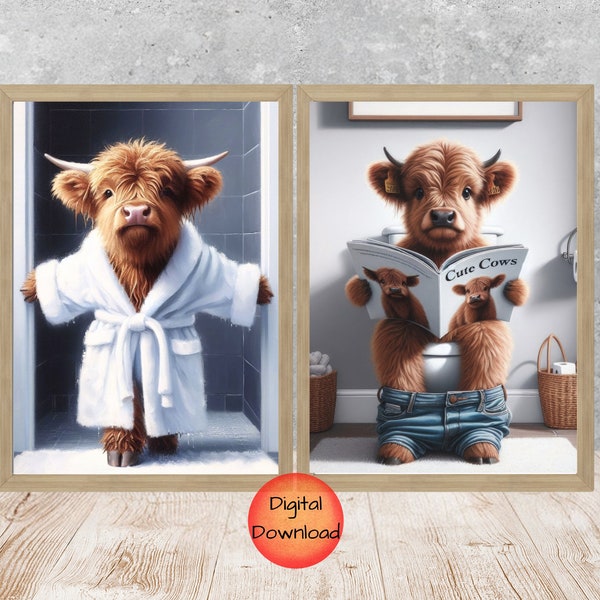 Highland Cow Bathroom Set of 2 Prints, Scottish Cow On Toilet, Funny Cow in Shower, Whimsy Cattle Wall Art, Kids Bathroom, Cow Lover Gift