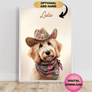 Doodle Dog Cowgirl Hat, Goldendoodle Cowboy Hat, Funky Western Cowgirl Decor, Girly Vintage Neutral Aesthetic, Trendy Dog Wall Art, DOWNLOAD