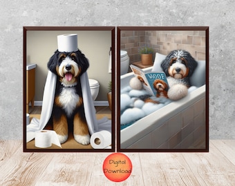 Op de afbeelding: Twee digitale kunstprints met een zwart-witte hond. Op de eerste print draagt de hond een witte handdoek op zijn hoofd en zit hij in een badkamer. Op de tweede print ontspant de hond in een badkuip met bubbels en leest hij een tijdschrift met de tekst "Woof".
