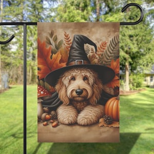 Custom Goldendoodle Fall Yard Flag, Autumn Dog Halloween Garden Flag, Vintage Cottage Core Pumpkin House Flag, Home Front Yard Dog Banner