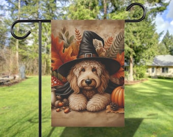 Custom Goldendoodle Fall Yard Flag, Autumn Dog Halloween Garden Flag, Vintage Cottage Core Pumpkin House Flag, Home Front Yard Dog Banner