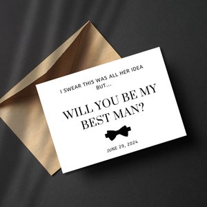 Proposition du meilleur homme, serez-vous mon meilleur homme, carte de proposition drôle du meilleur homme, modèle Canva, elle m'a fait faire ça, cadeaux de fête de mariage