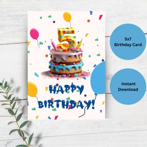 Carte de 5e anniversaire, carte d'anniversaire modifiable, carte d'anniversaire imprimable, modèle de toile, carte de cinquième anniversaire, téléchargement immédiat