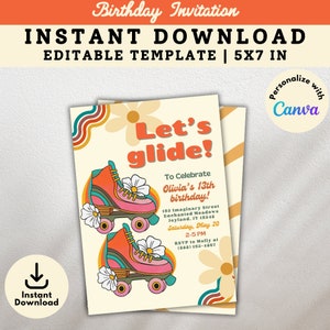 Groovy Retro Birthday Party Invitations, Editable, Retro Invitation, Any Age, Skate Party Invitation, Roller Skating Birthday Invitation