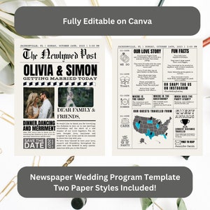Newspaper Wedding Program Template, Editable Wedding Newspaper Program, Wedding, Canva Template, Wedding Newspaper, Wedding Template