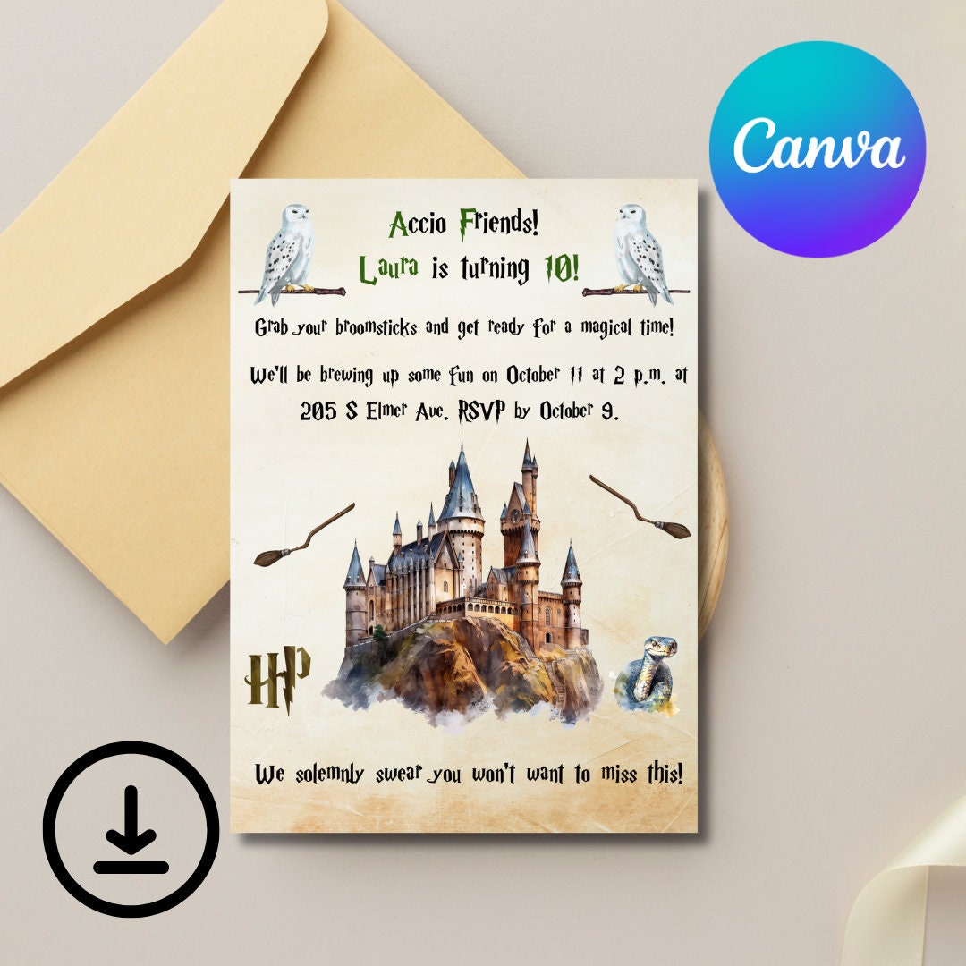 Editable Invitation, Hogwarts Invitation, Birthday Invitation Template