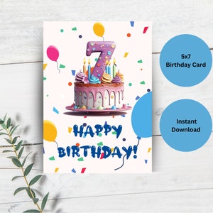 Carte 7e anniversaire, carte d'anniversaire modifiable, 7 cartes d'anniversaire, carte de 7 anniversaires, carte de gâteau d'anniversaire, carte d'anniversaire à imprimer, modèle sur toile