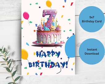 Carte d'anniversaire 7e, carte d'anniversaire modifiable, carte d'anniversaire 7, carte d'anniversaire sept, carte de gâteau d'anniversaire, carte d'anniversaire imprimable, modèle Canva