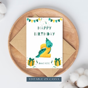 Tarjeta de cumpleaños imprimible, tarjeta de cumpleaños editable, tarjeta de segundo cumpleaños, tarjeta de cumpleaños de dinosaurio, tarjeta para niño, tarjeta de cumpleaños para niña