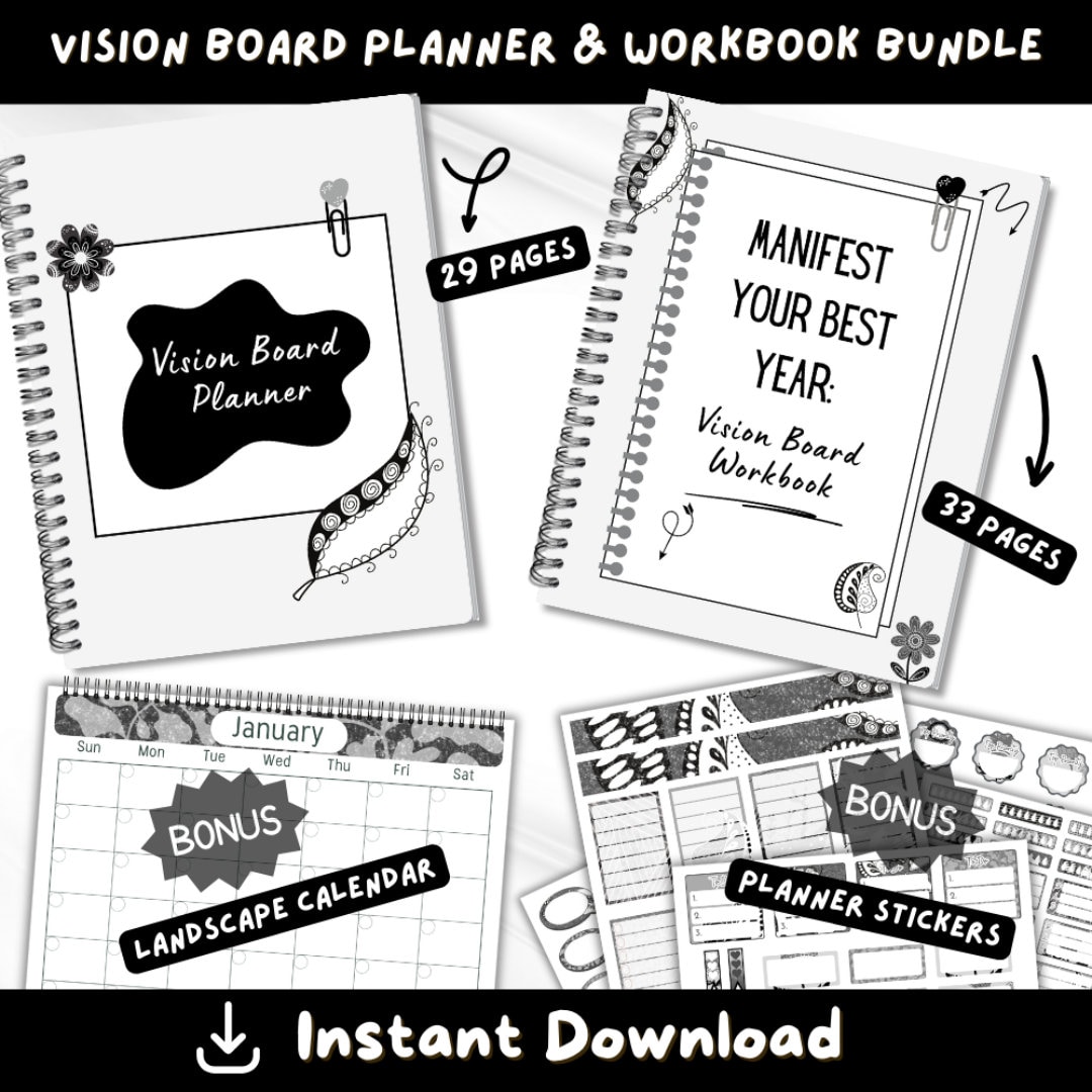 Vision Board Planner & Workbook | Goal Setting, Habits Reflections ...