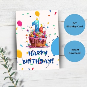 1st Birthday Card, Editable Birthday Card, First Birthday Card, Birthday Gift, Printable Birthday Card, Canva Editable Template