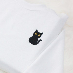 黒猫の刺繍入りスウェットシャツギフト、刺繍入りキュートなユニセックスクルーネック長袖プルオーバーセーター - マルチカラー