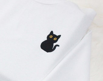 Black Cat Embroidered Sweatshirt Gift, Embroidered Cute Unisex Crew neck Long Sleeve Pullover Sweater  - Multiple Colors