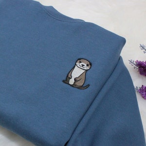 Otter Embroidered Sweatshirt Gift, Embroidered Handmade Cute Unisex Crewneck Long Sleeve Pullover Sweater  - Multiple Colors