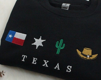 Texas Embroidered Sweatshirt: Flag, Cactus, Sheriff Star, Hat